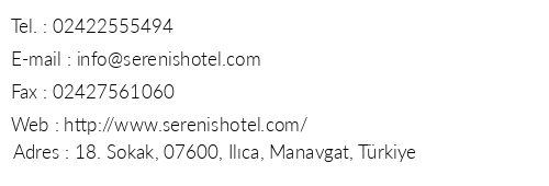 Serenis Hotel telefon numaralar, faks, e-mail, posta adresi ve iletiim bilgileri